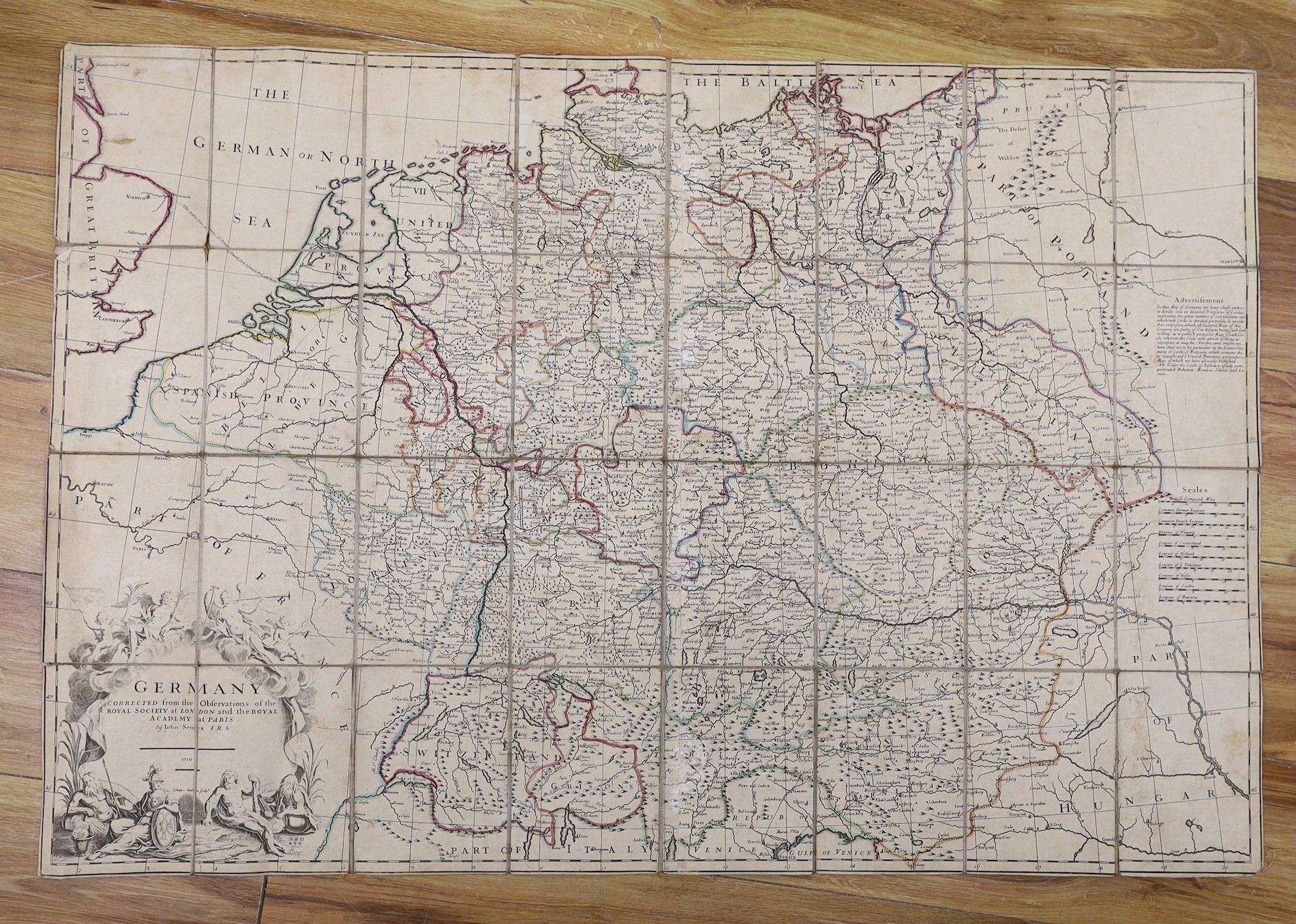 Five unframed engraved maps - Norway - C.I. Pontoppidan - Det Nordlige Norge, 1795, 54 x 70cms; Italy - Jailott - L’Italie, 1718, 53 x 67cms, in slip case; John Senex - Germany, 1710, 66 x 98; C. Smith - Devon, 1804, 48